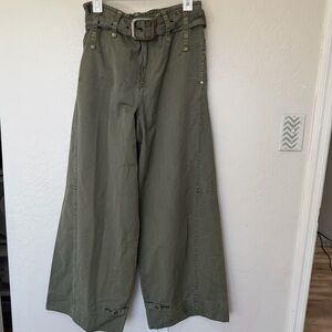 Free People Olive Green High-Rise Wide Leg Pants with Belt Detail